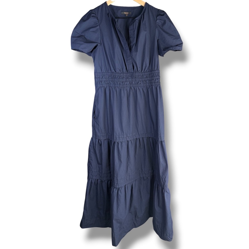 Quince 100% Organic Cotton Poplin Tiered Maxi Dress Women Small Navy Peasant